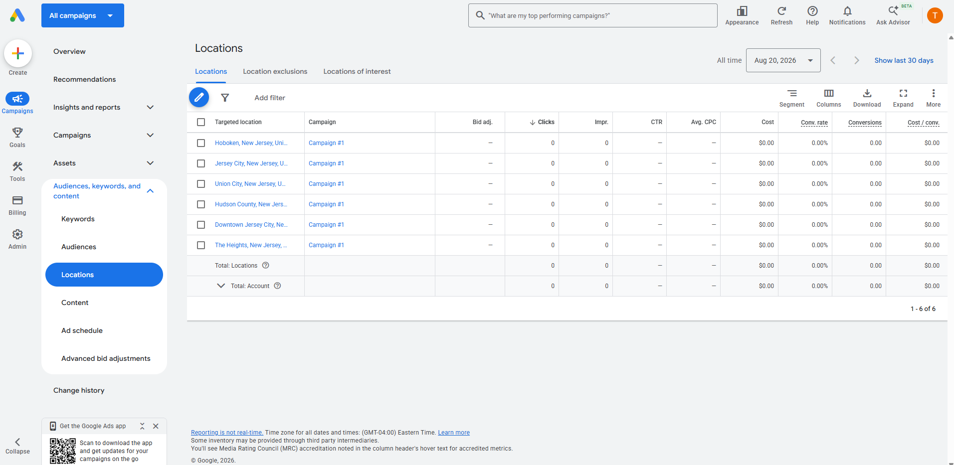 Google Ads Locations report showing campaign targeting limited to New Jersey service-area cities